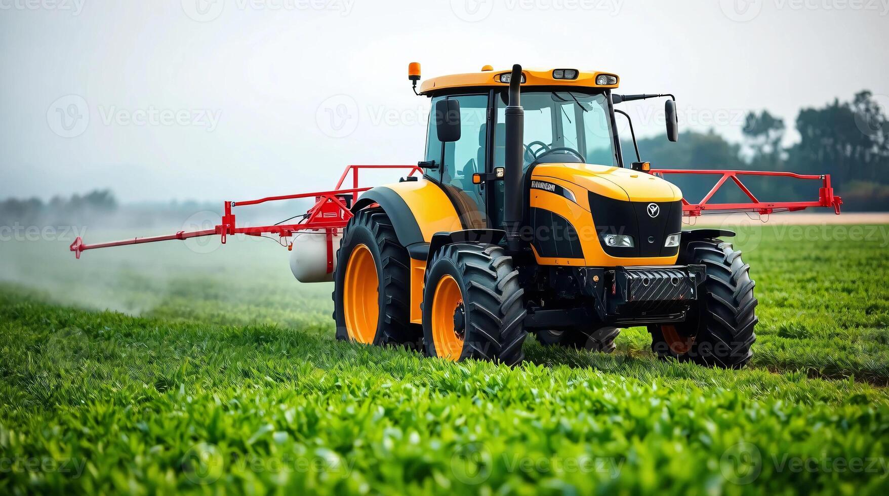 A tractor spraying a field with a sprayer photo