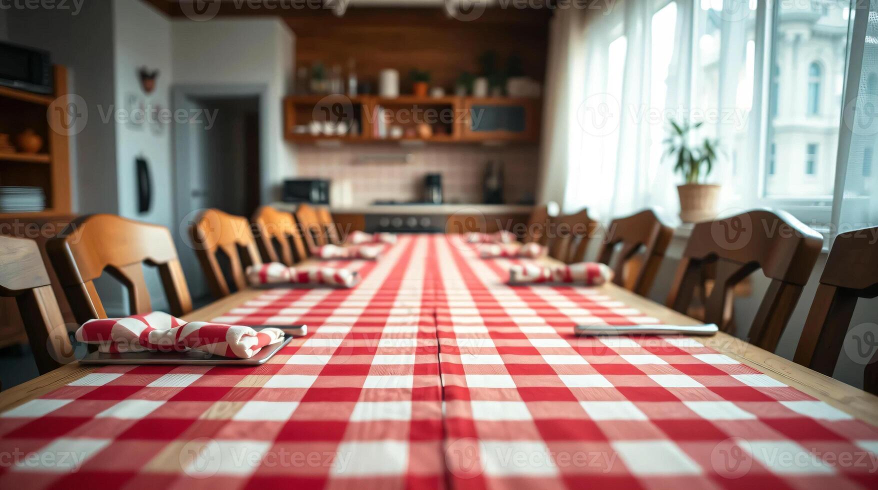A table with a red and white checkered tablecloth photo