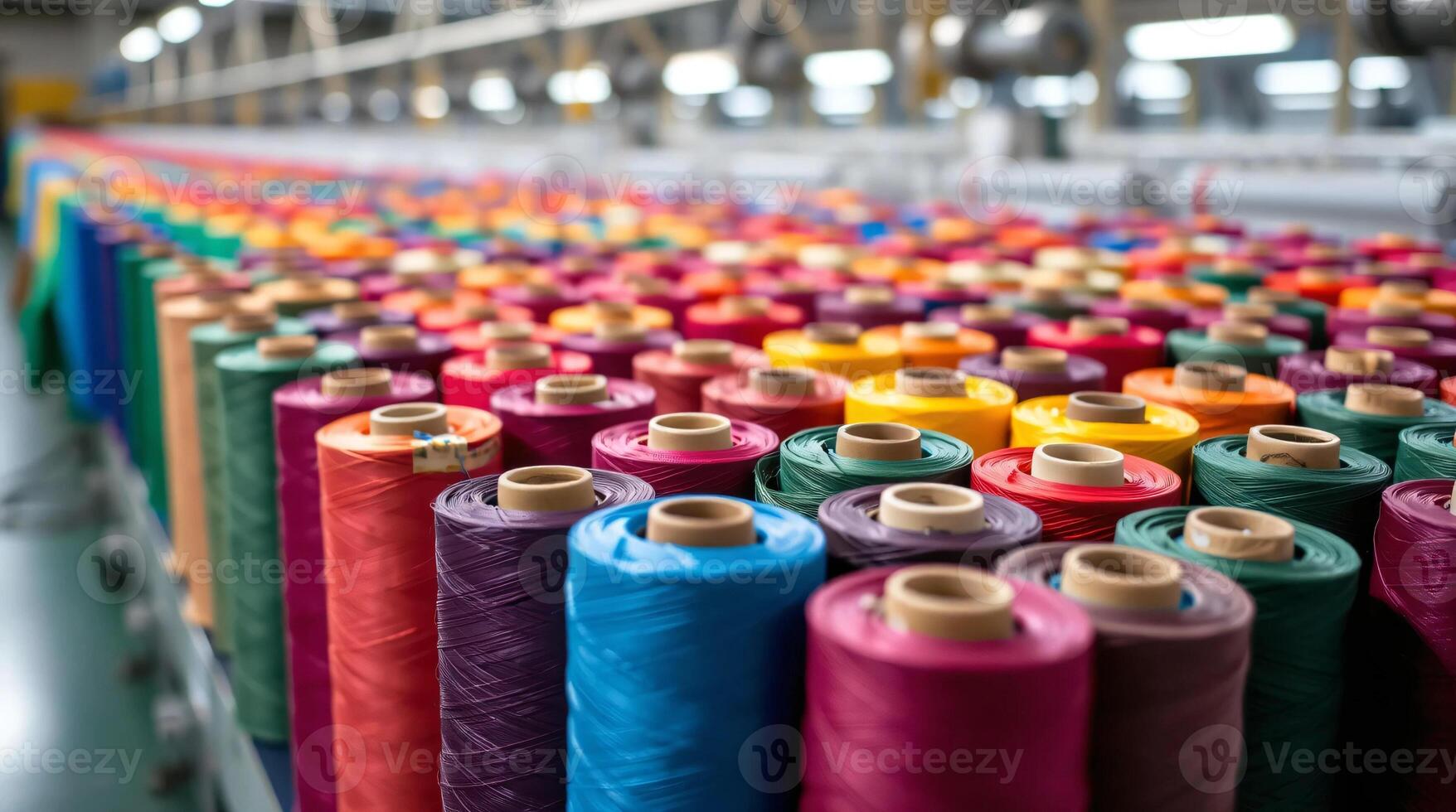 A factory with many spools of colorful thread photo