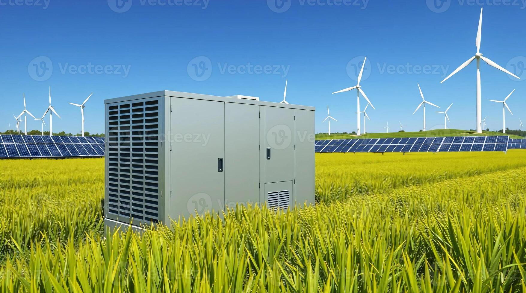 A wind turbine in a field with a green field photo