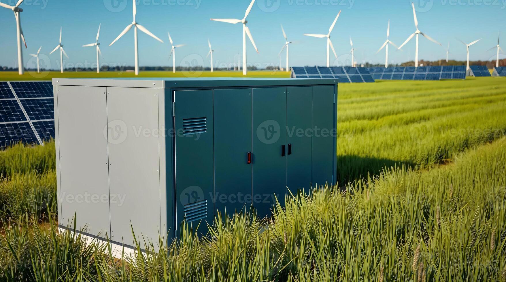 A small storage unit in a field with wind turbines photo