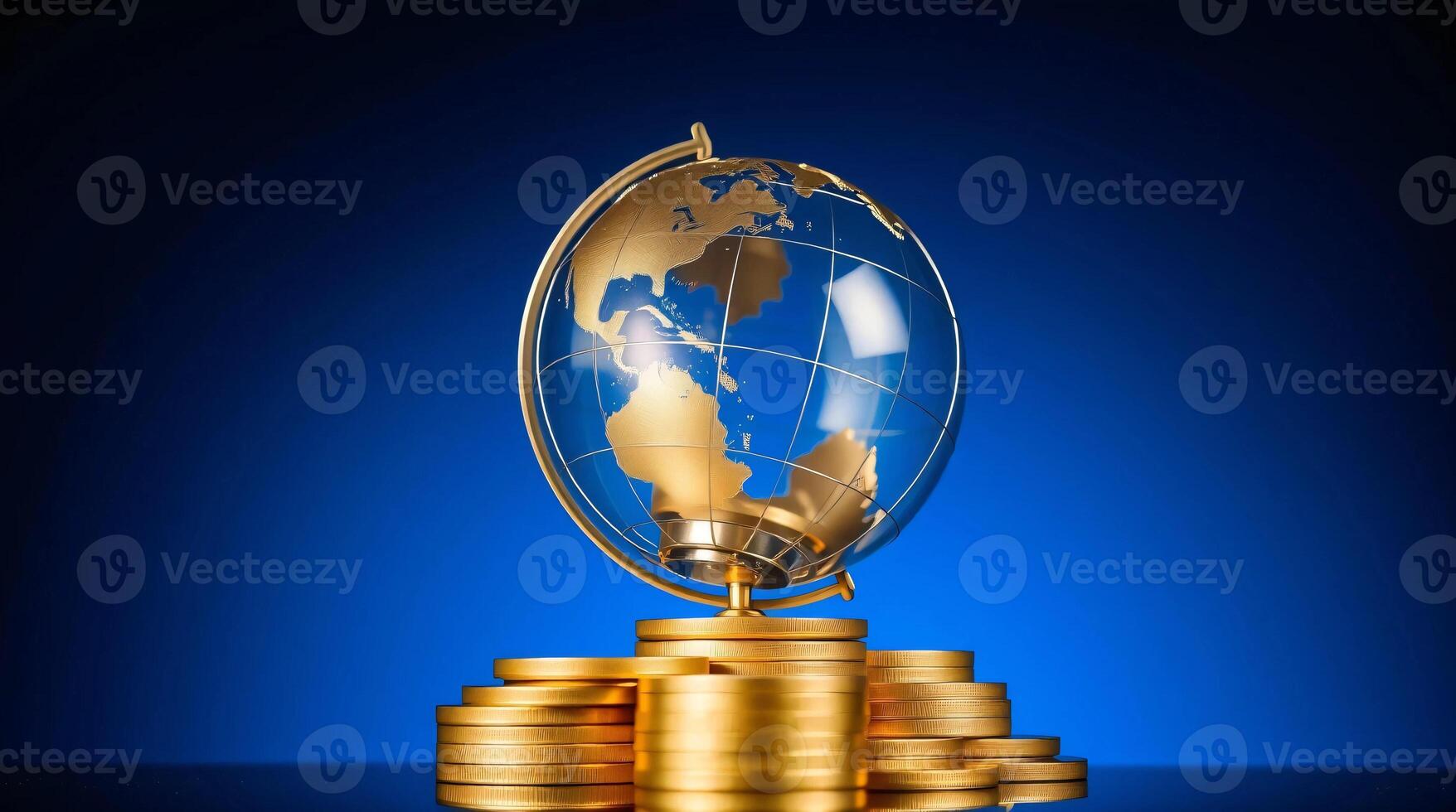 Golden globe on top of stacks of coins photo