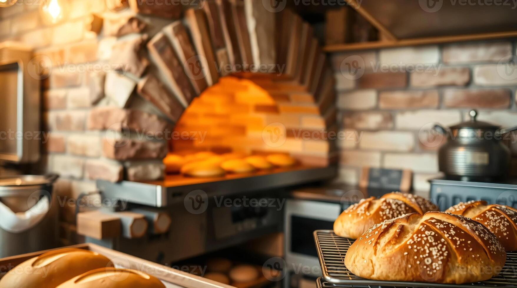 Bakery oven with bread on a rack photo