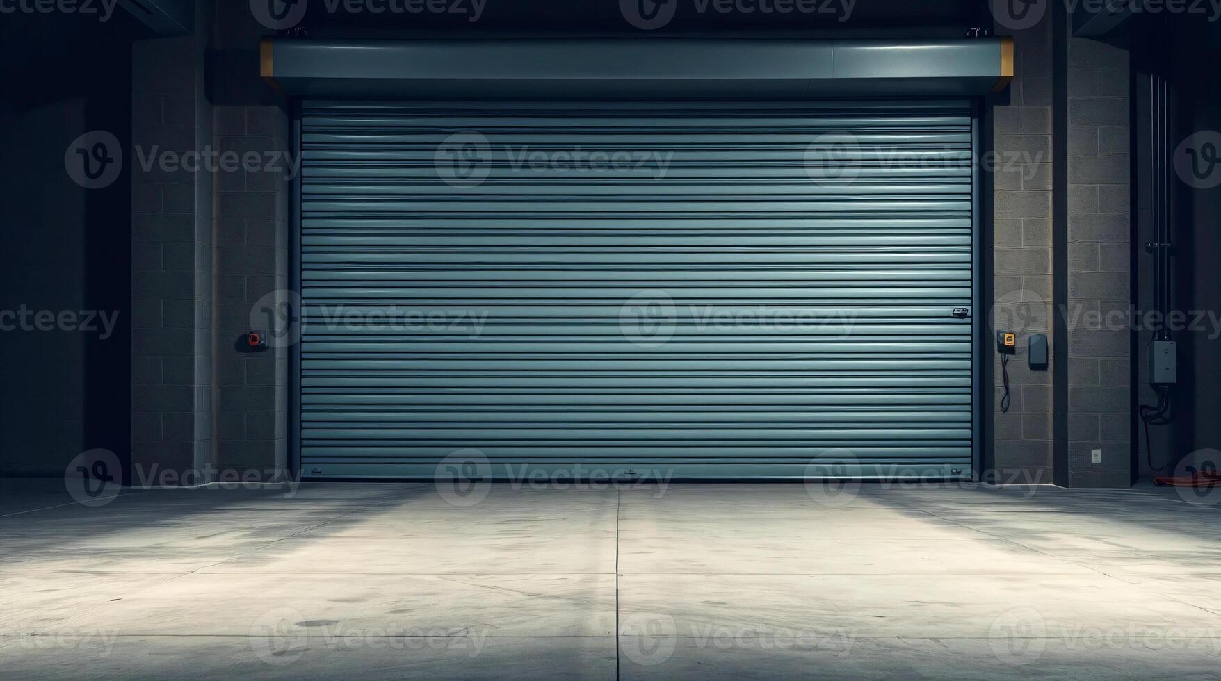 An empty warehouse with a large roller door photo