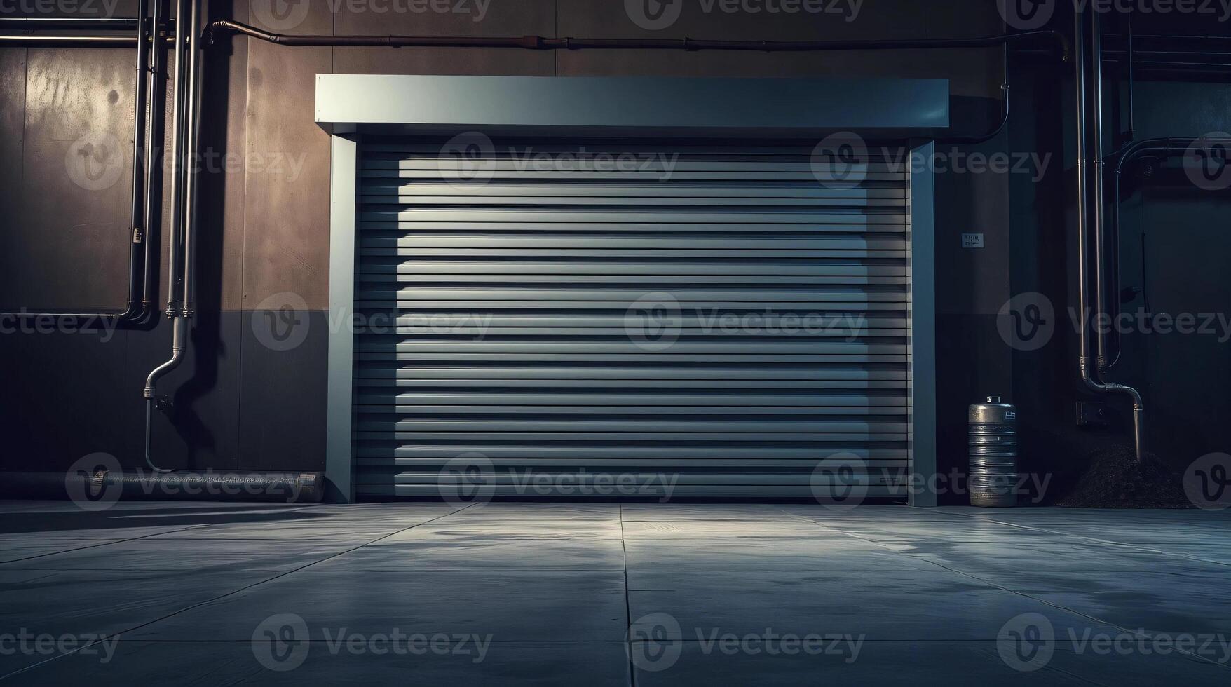 An empty warehouse with a door and pipes photo