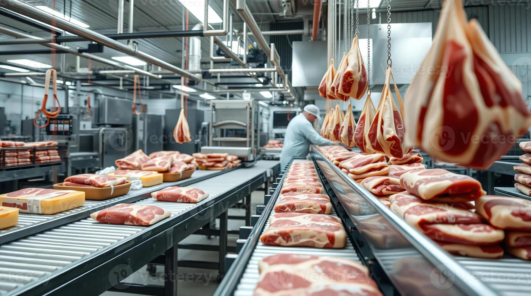 Meat processing factory with workers and meat hanging on conveyor belts photo