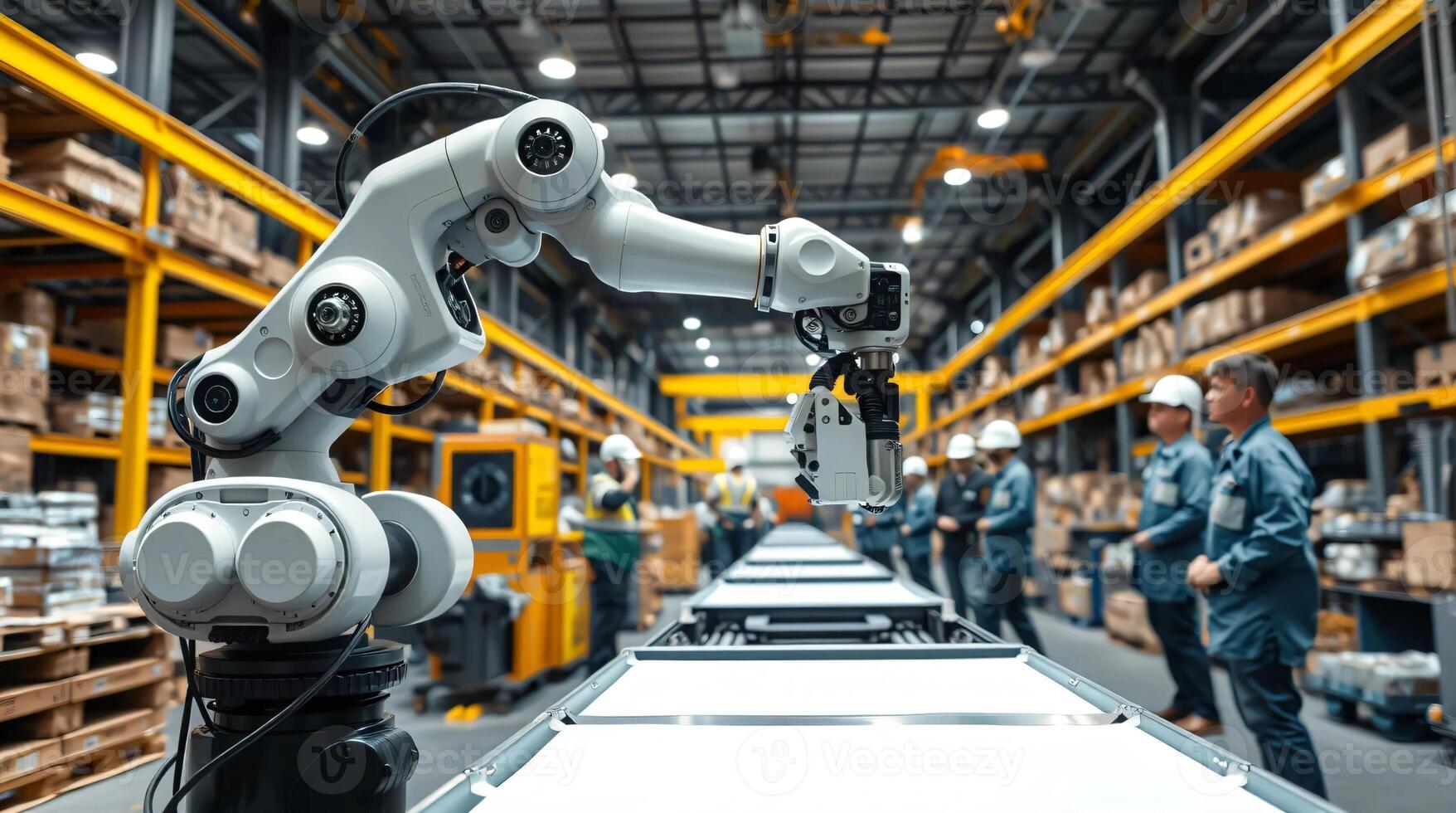 A robot in a warehouse with people working around it photo