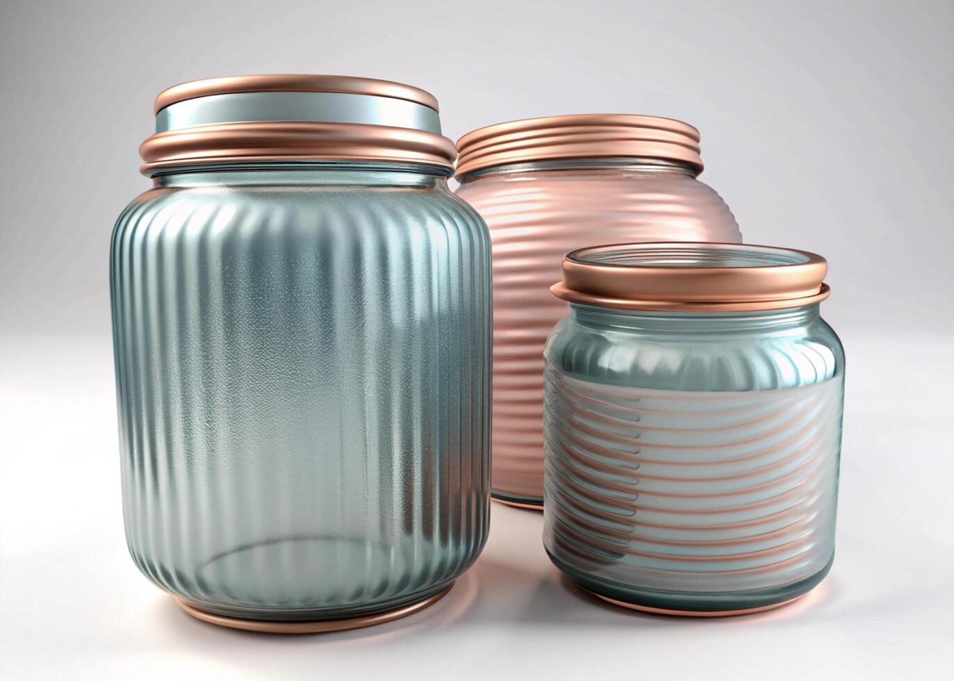 Set of mason jars with metal lids on a white background, empty glass containers for preserving food or storage, close up of the jars photo