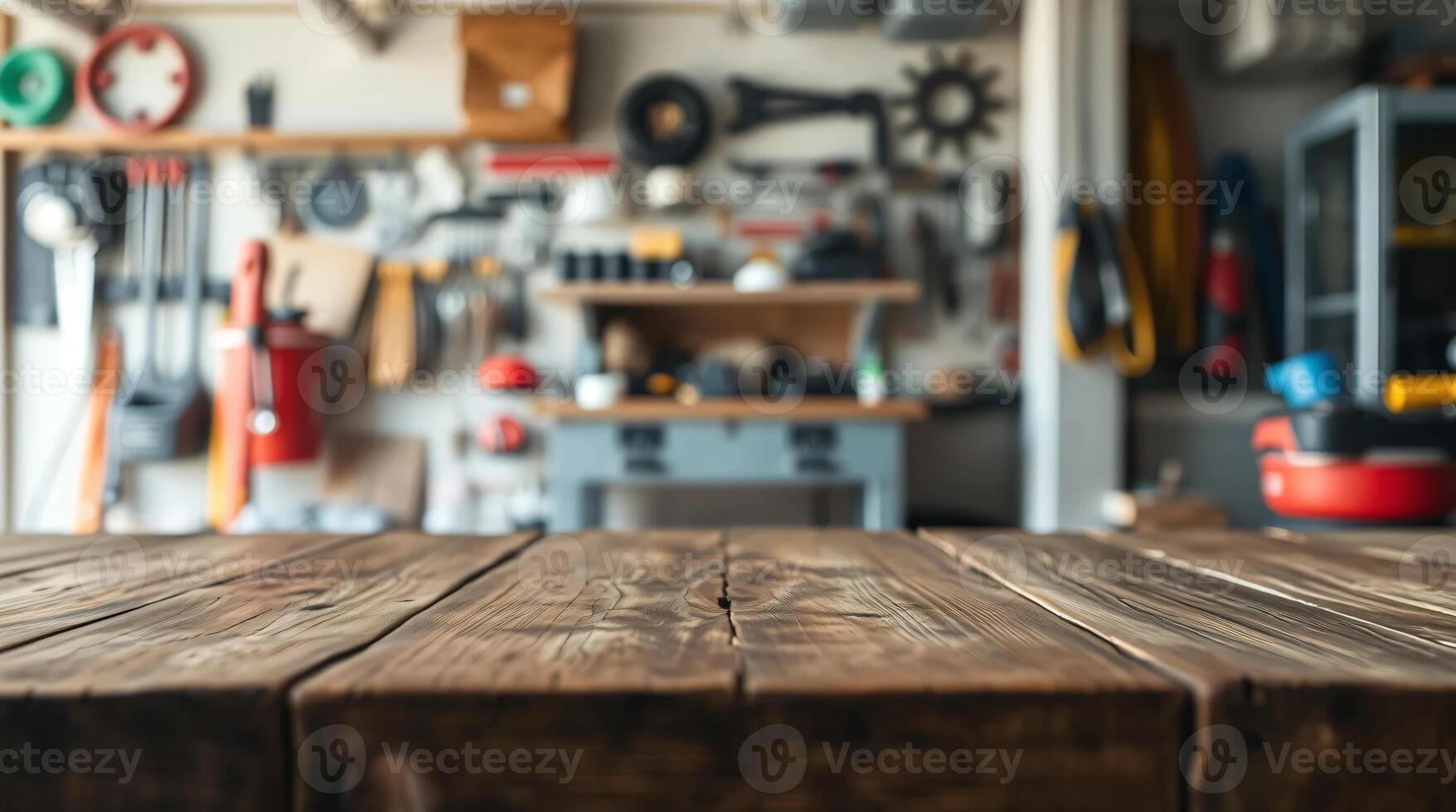 A table in a garage with tools and other items photo