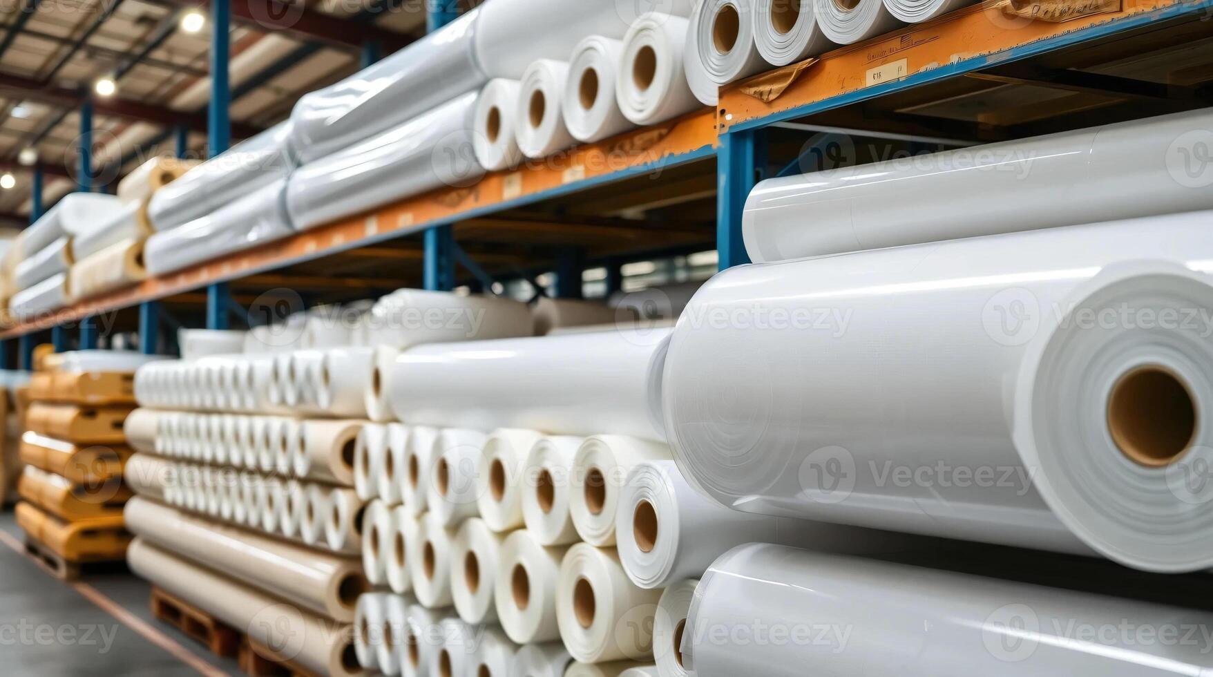 A warehouse with rolls of white paper photo