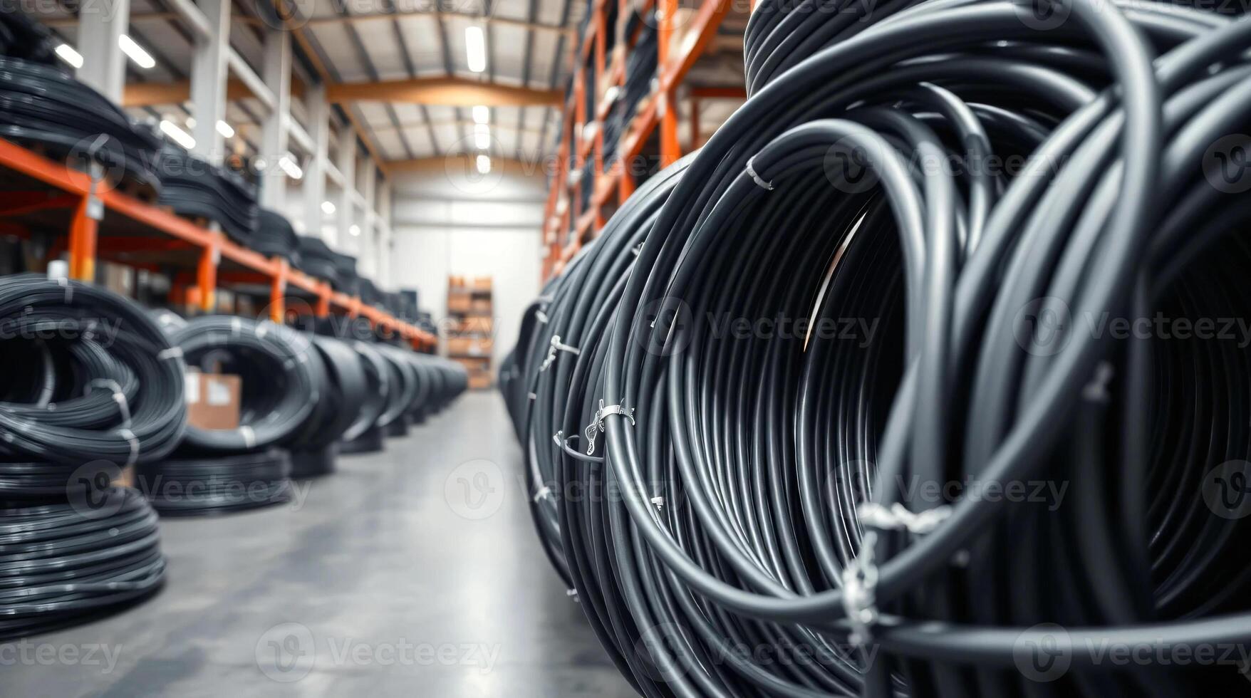 A warehouse filled with black and white cables photo