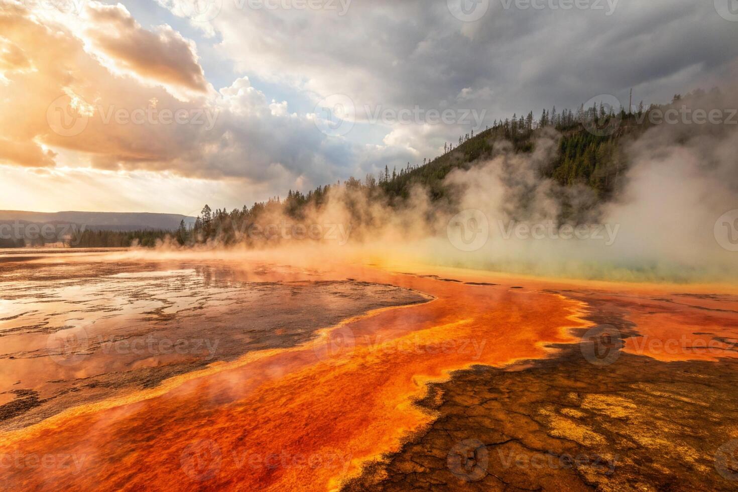 sunlit landscape with steam rising from the ground, yellow and orange colors create an abstract, ethereal atmosphere, abstract background photo