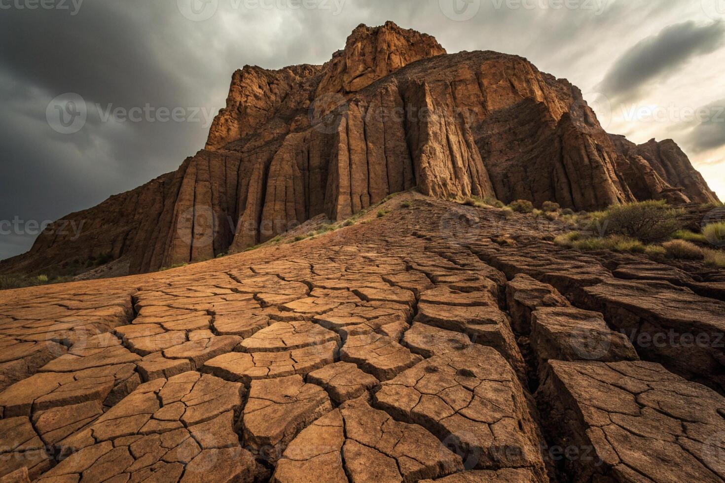towering rocky mountain with dry cracked soil at the base, desert landscape and dramatic cloudy sky, perfect for Background photo
