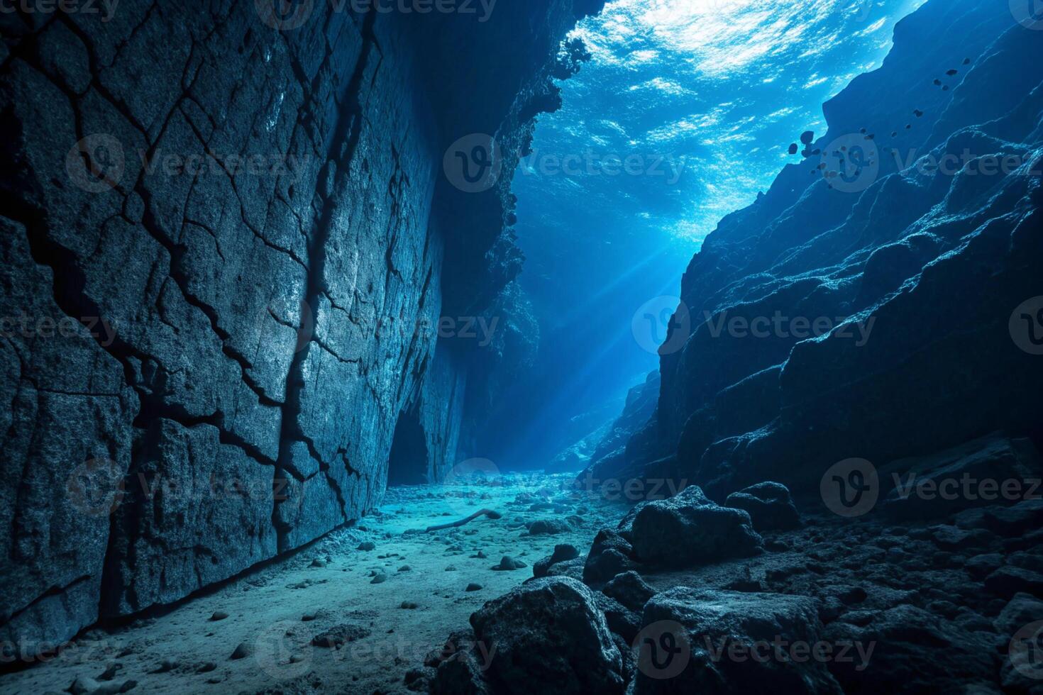 Enigmatic cracked stone formations submerged in a deep blue sea, illuminated by ethereal sunlight Background photo