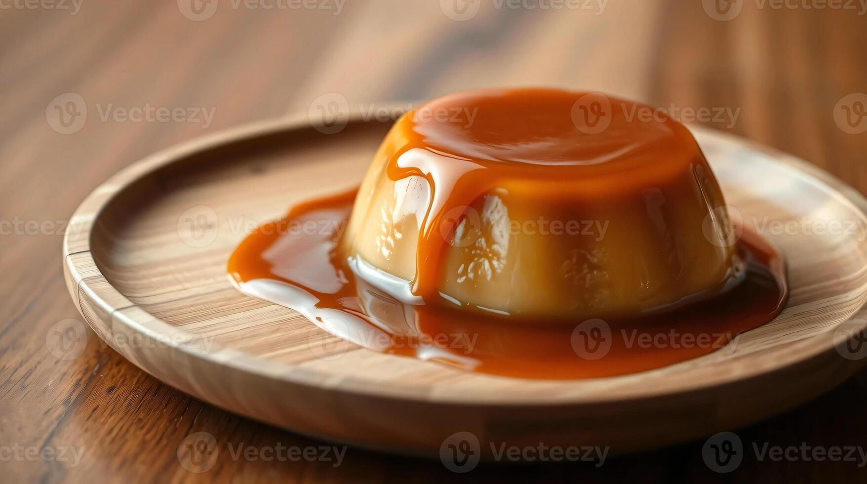 A caramel pudding on a wooden plate photo