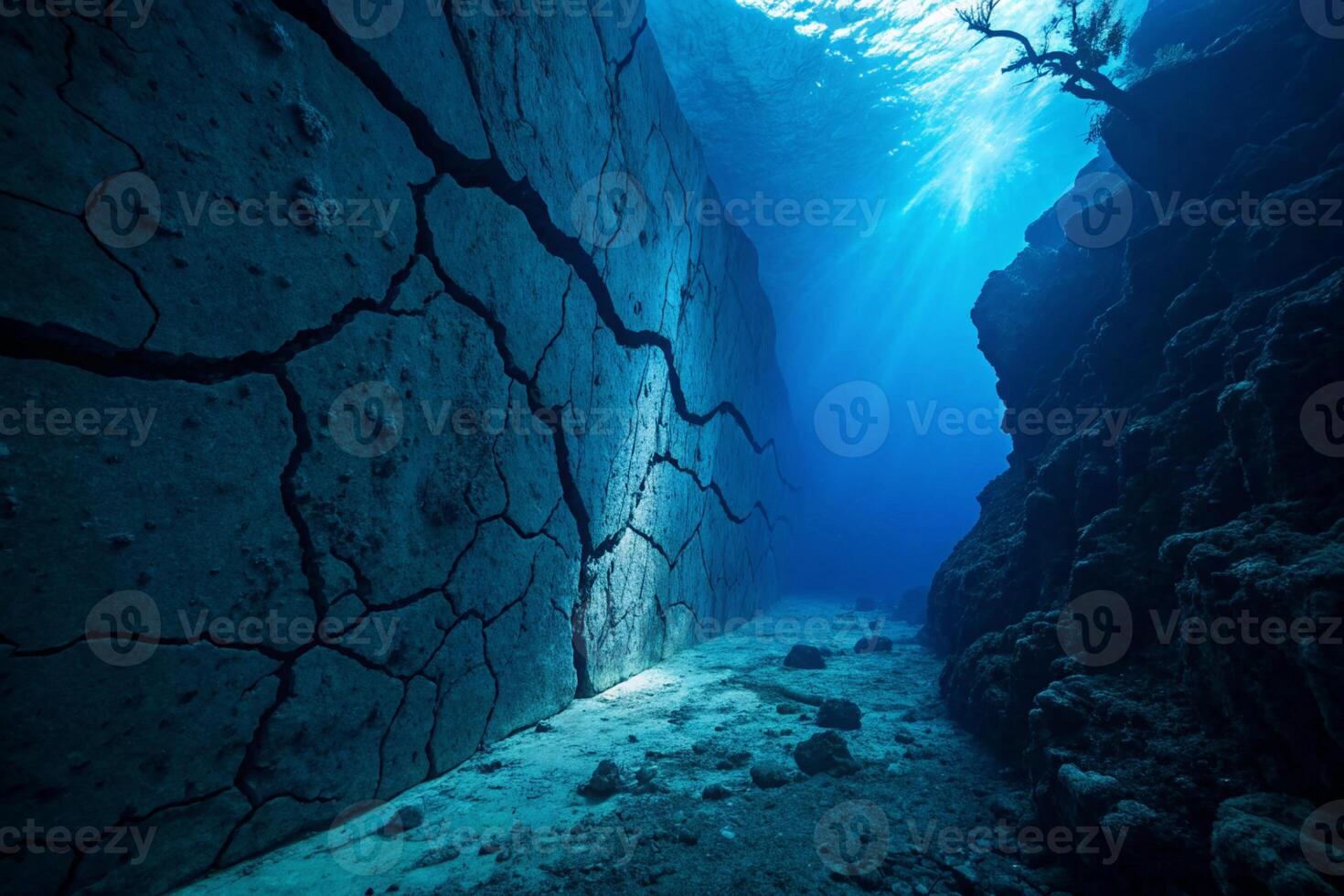 underwater view of cracked obsidian walls with light rays piercing through the water, creating an otherworldly scene Background photo