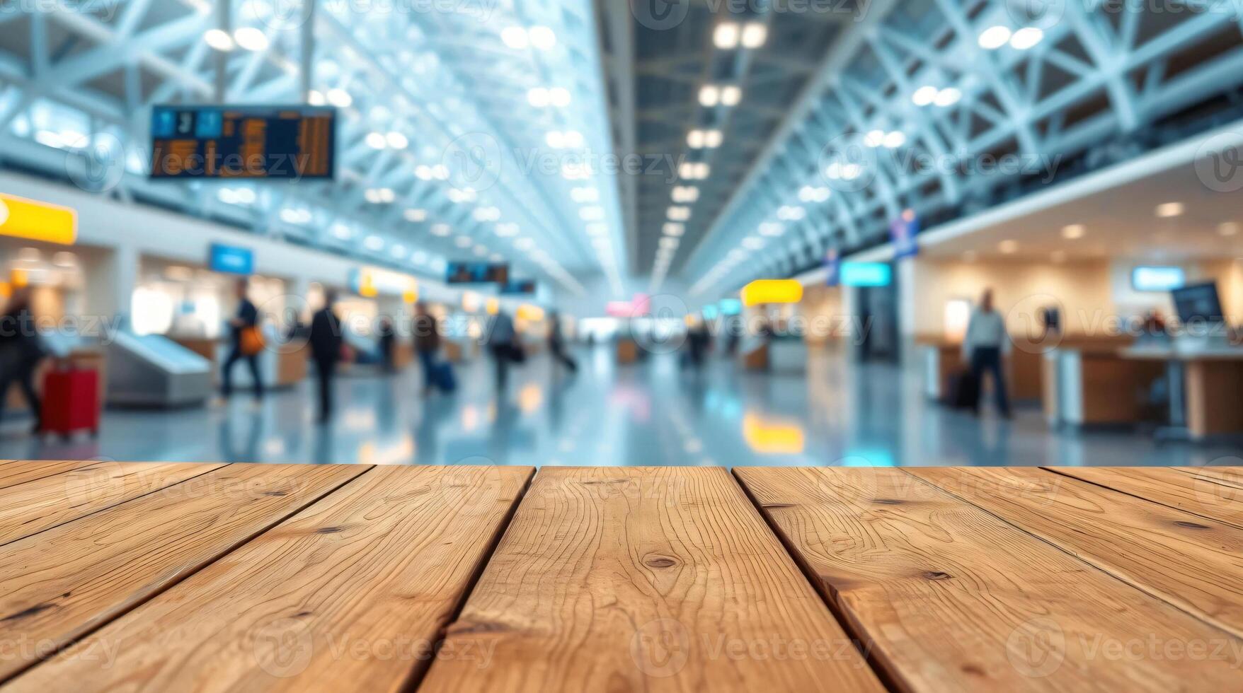 Wooden table top in airport with blurred background photo