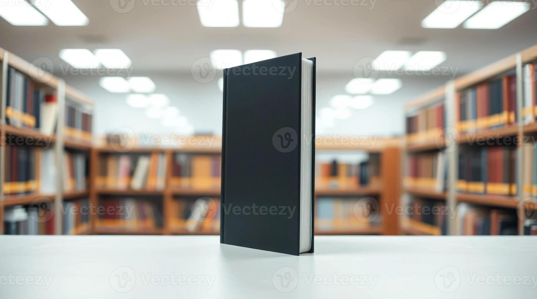 A black book on a table in front of a library photo