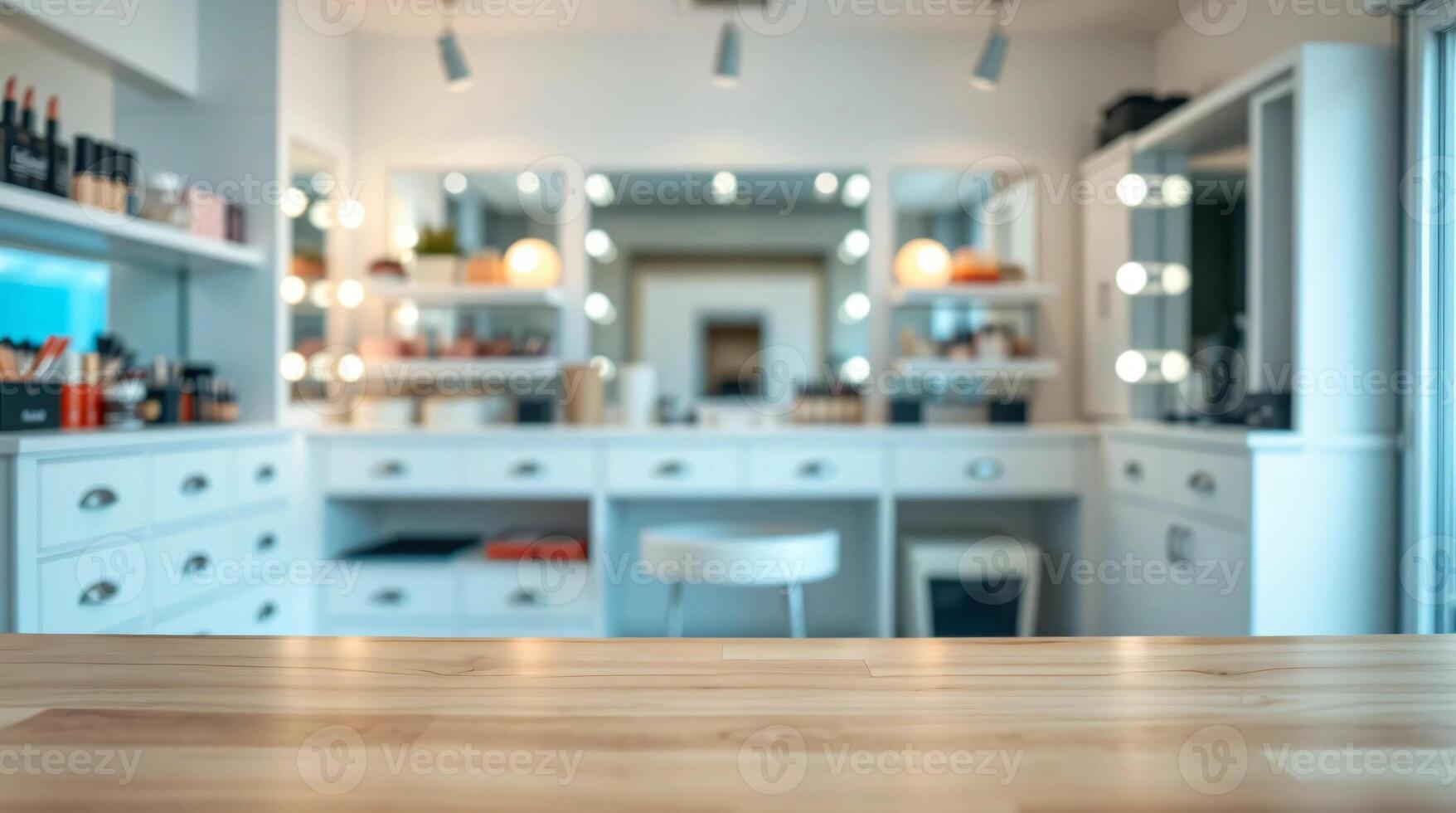 A table with a mirror and makeup products in a room photo