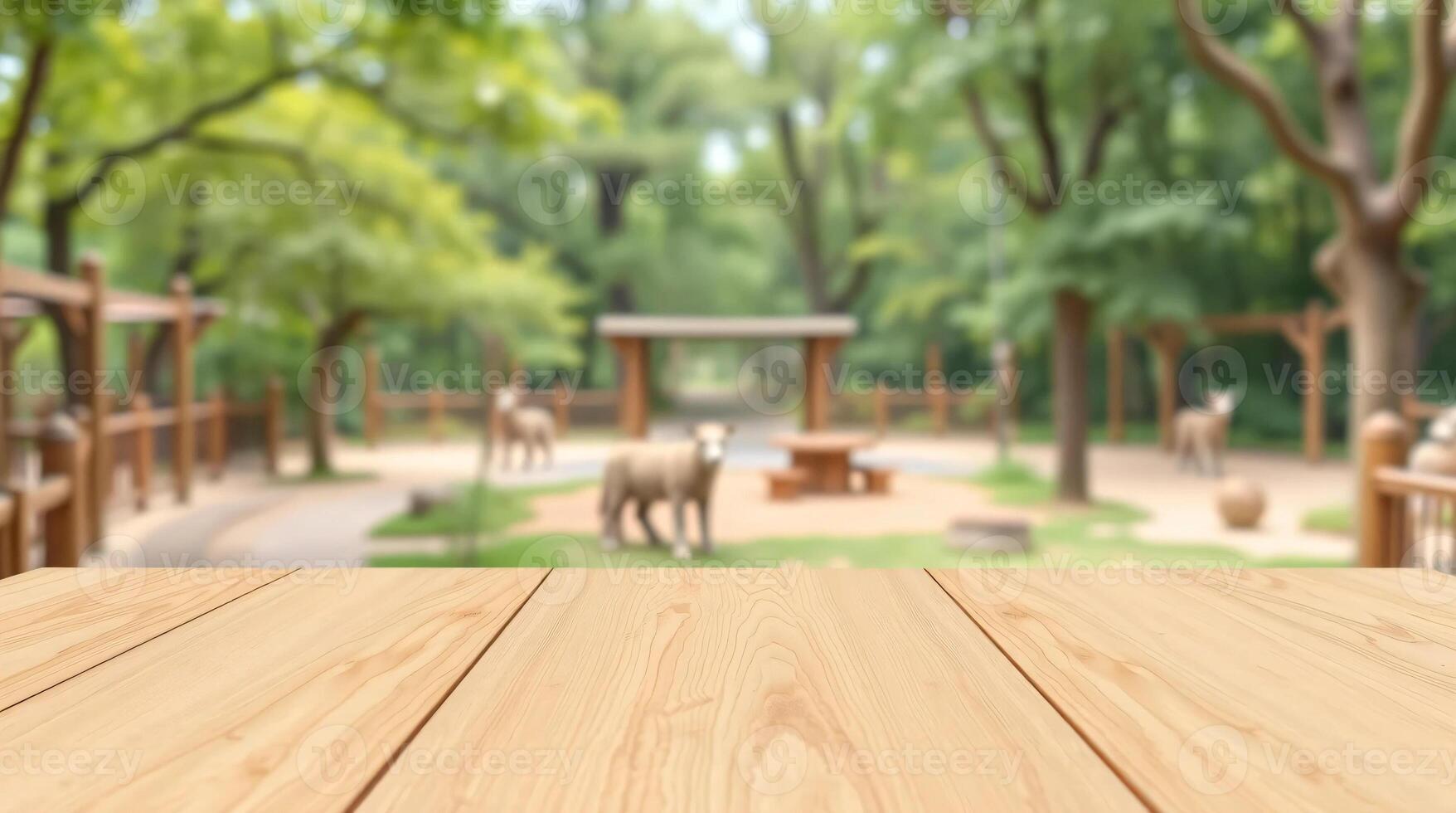 Wooden table top with blurred background in zoo photo