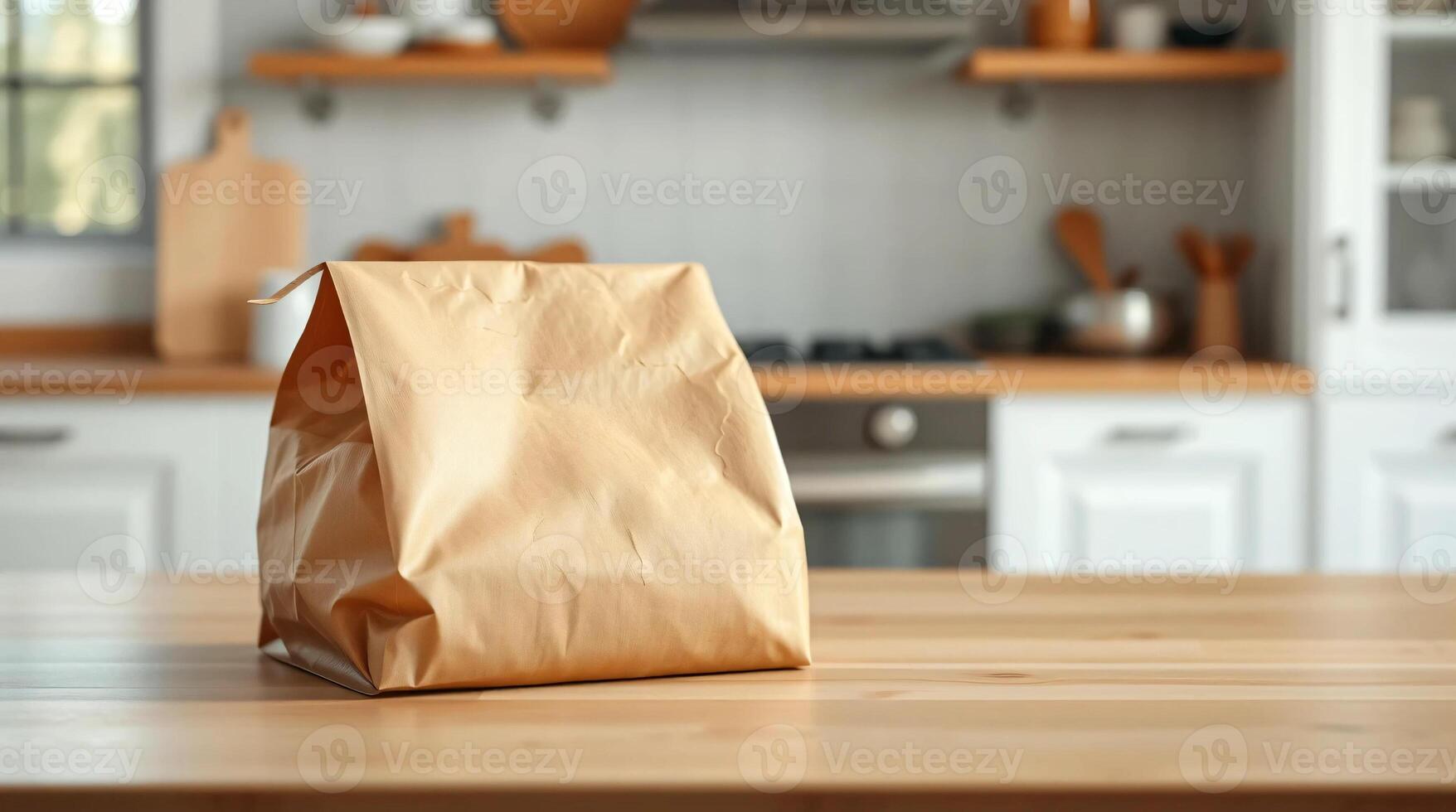 A brown paper bag sitting on a table in front of a kitchen photo