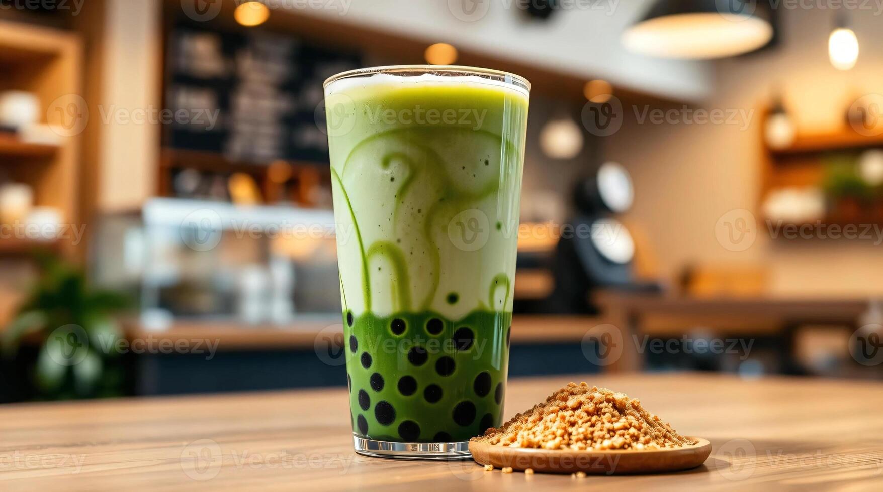A green tea drink with a spoon next to it photo