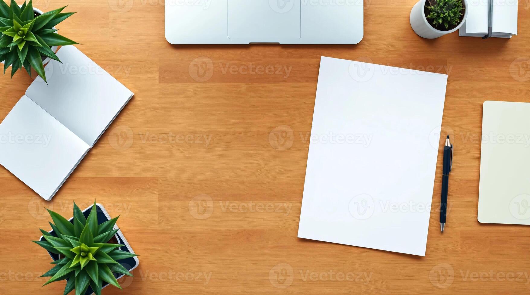 An overhead view of a desk with a laptop, notepad, and plant photo