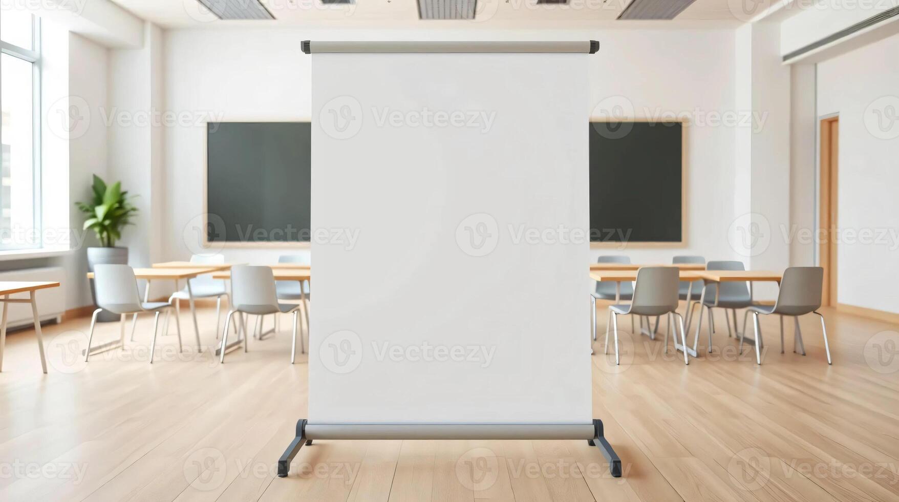 Blank white banner stand in a classroom photo