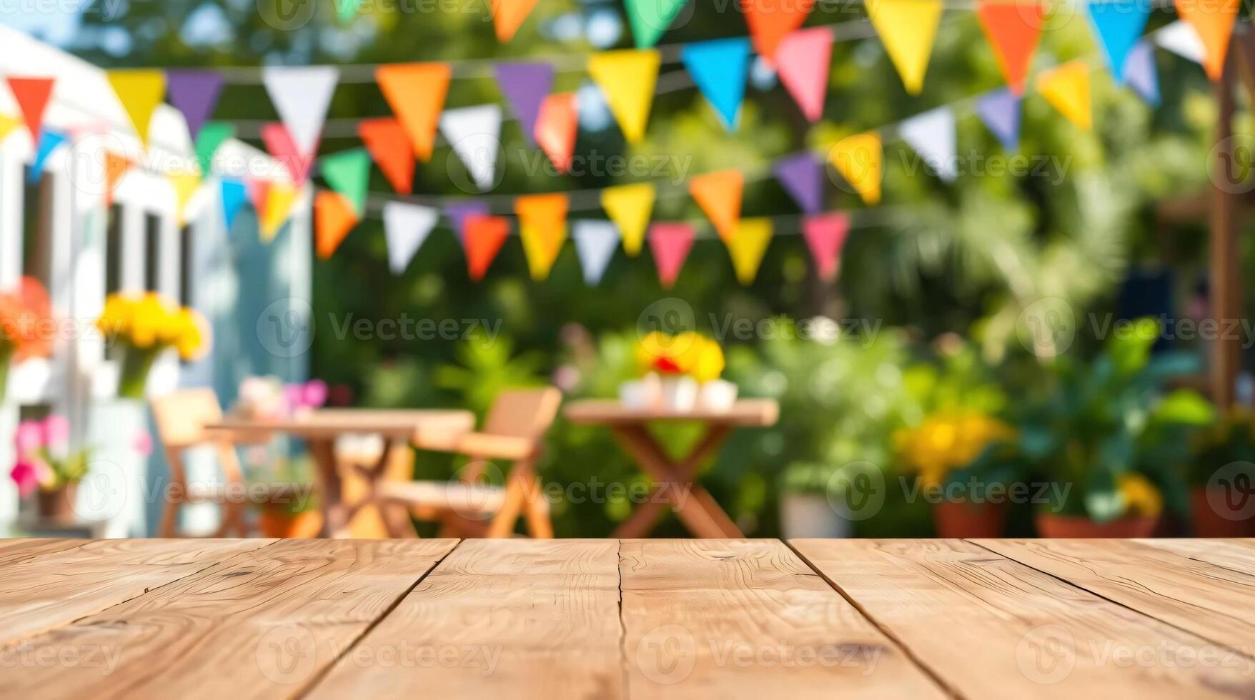 Wooden table top with bunting flags in the background photo