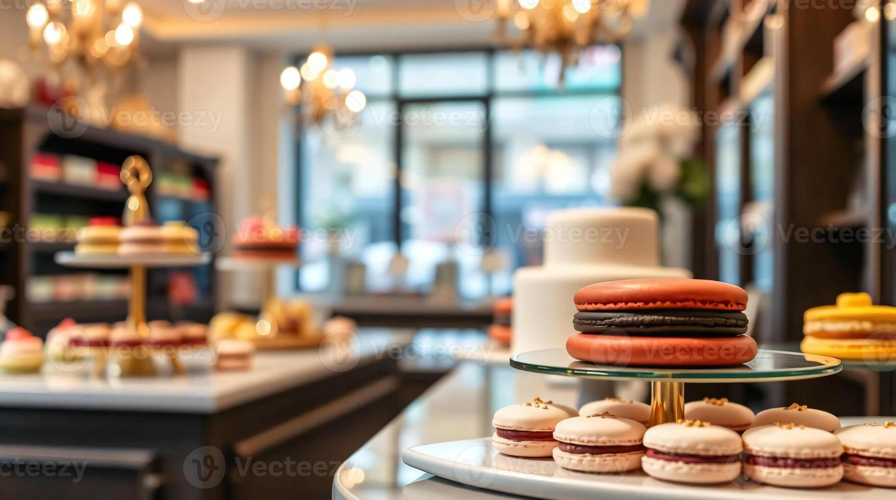 A display of macarons in a bakery photo