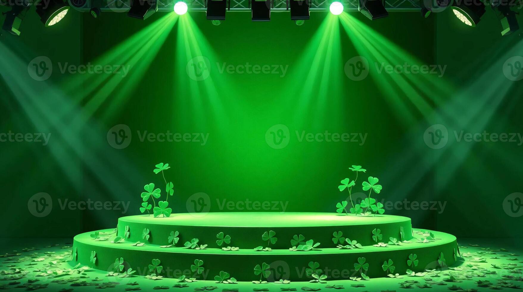 St patricks day stage with green lights and shamrocks photo
