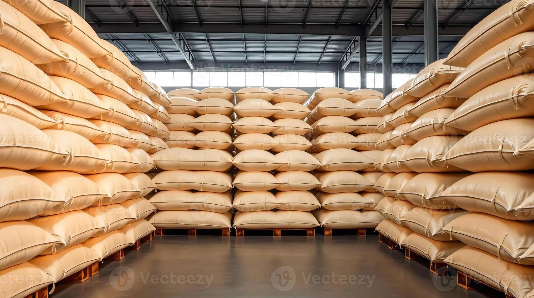 A large warehouse with many bags of rice photo