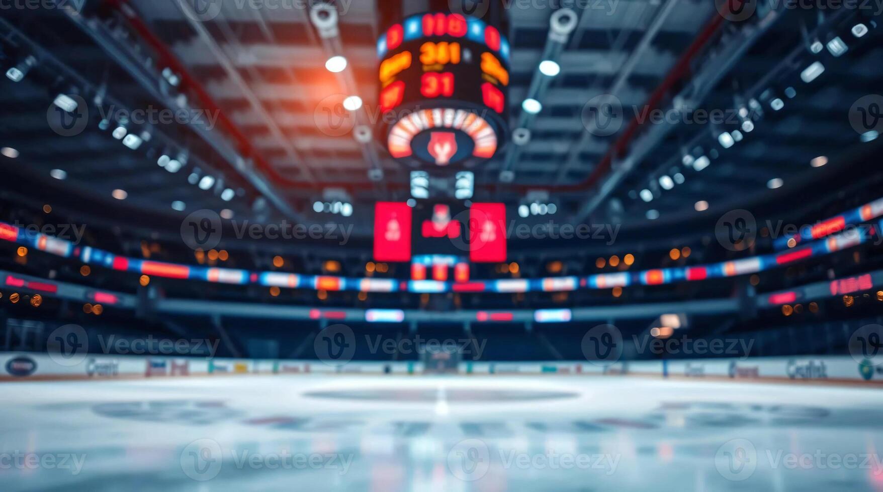 An empty hockey arena with a scoreboard and lights photo