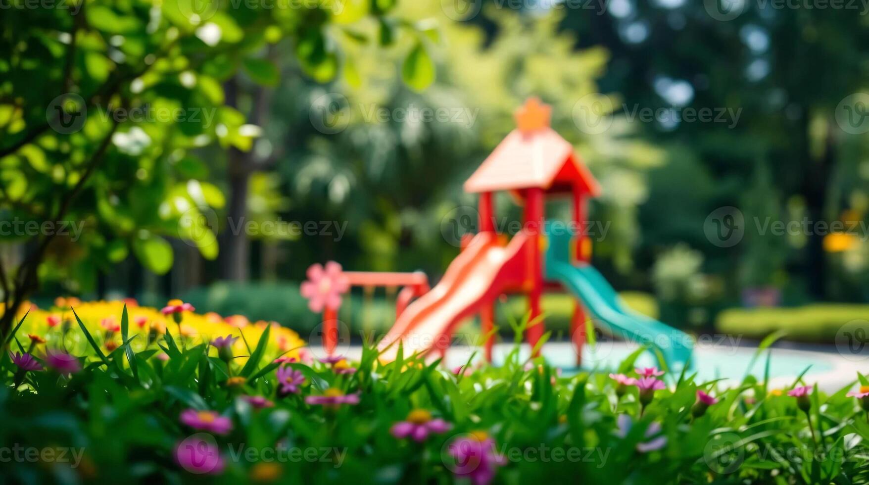 A colorful playground with a slide in the grass photo