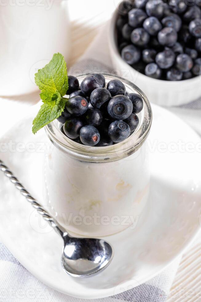 Wholesome probiotic snack. Thick yogurt with blueberries Light and nutritious option for breakfast photo