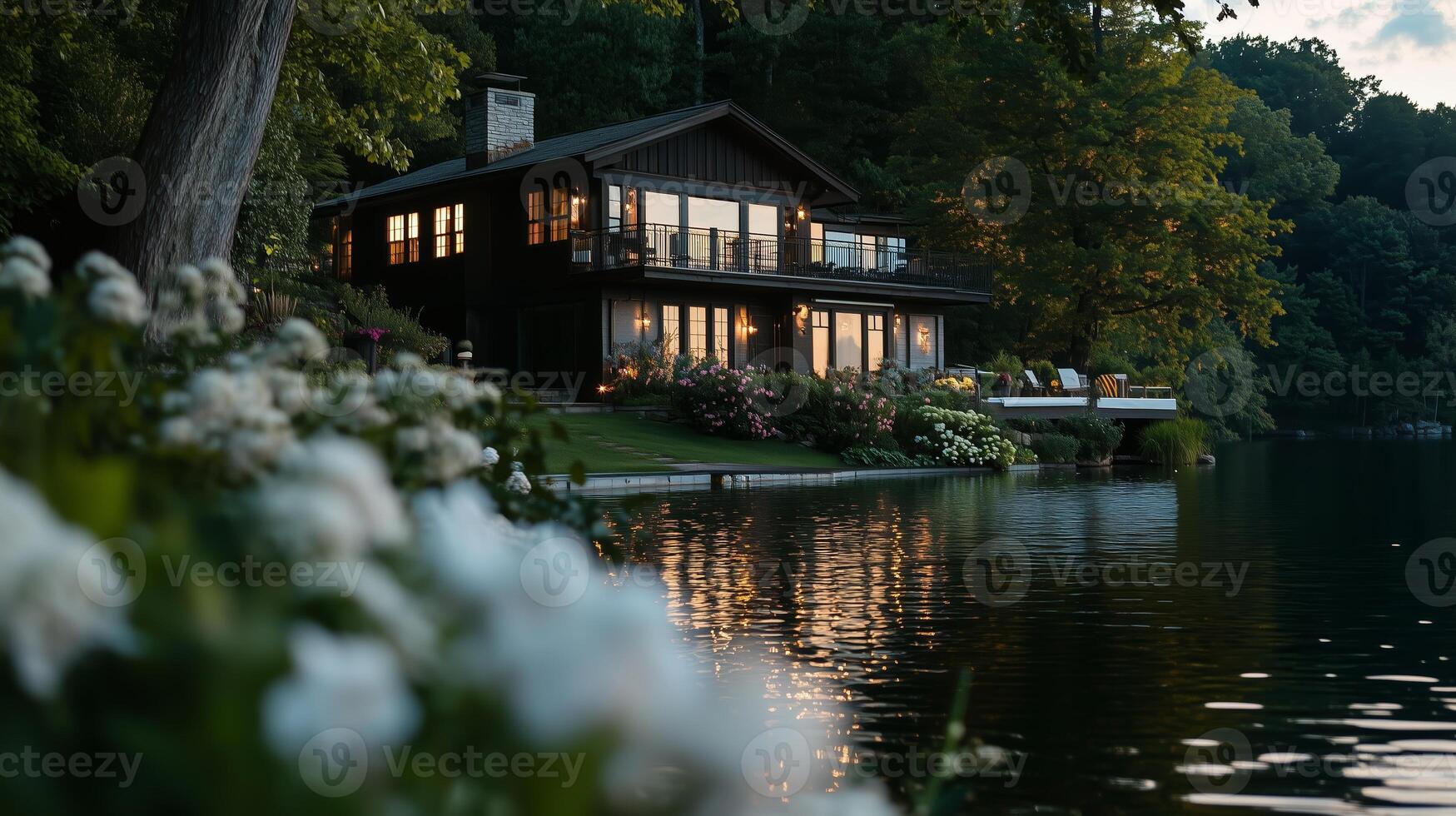 A lake house with a large porch and a large deck photo