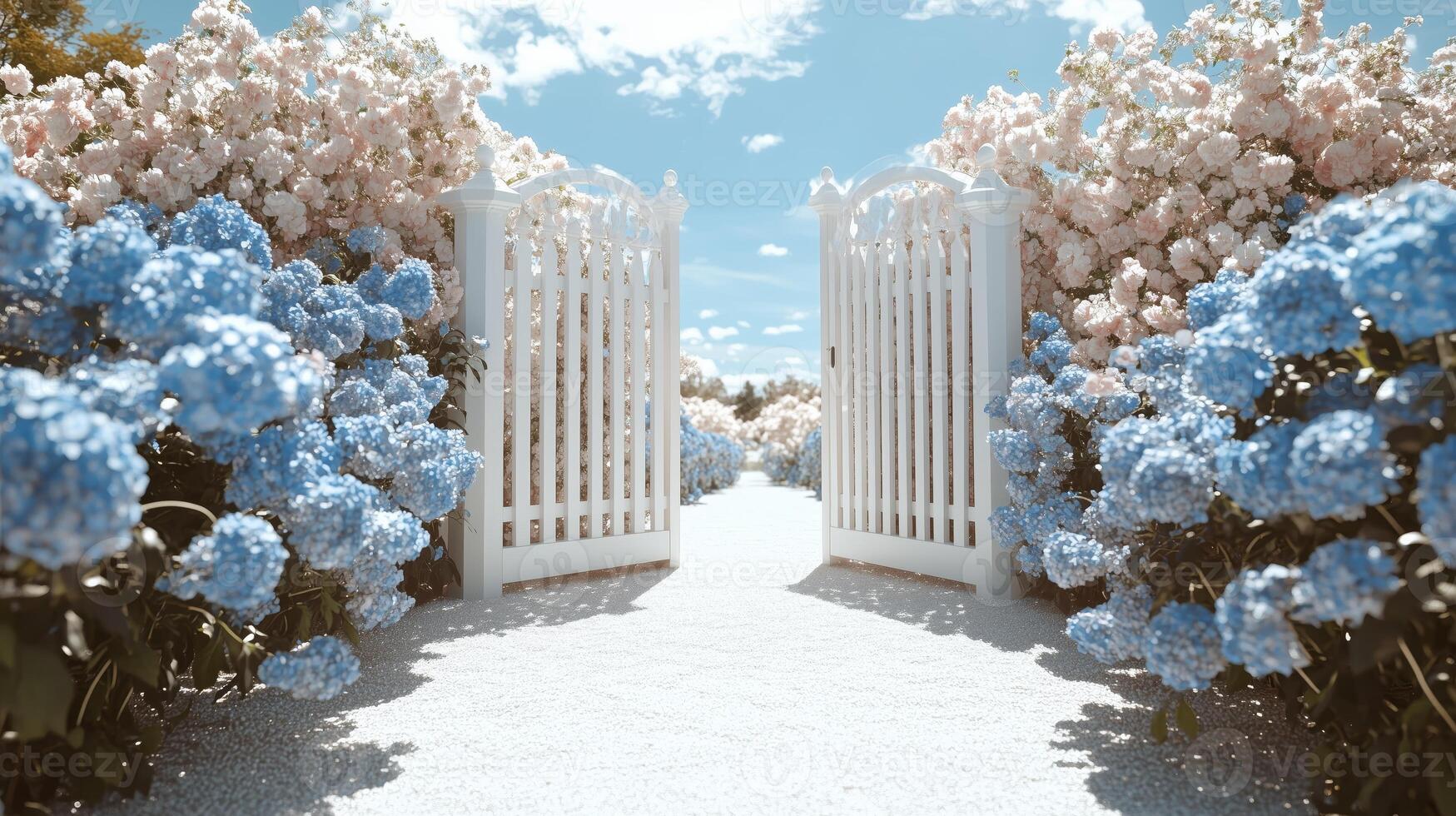 A white gate with blue flowers in front of it photo