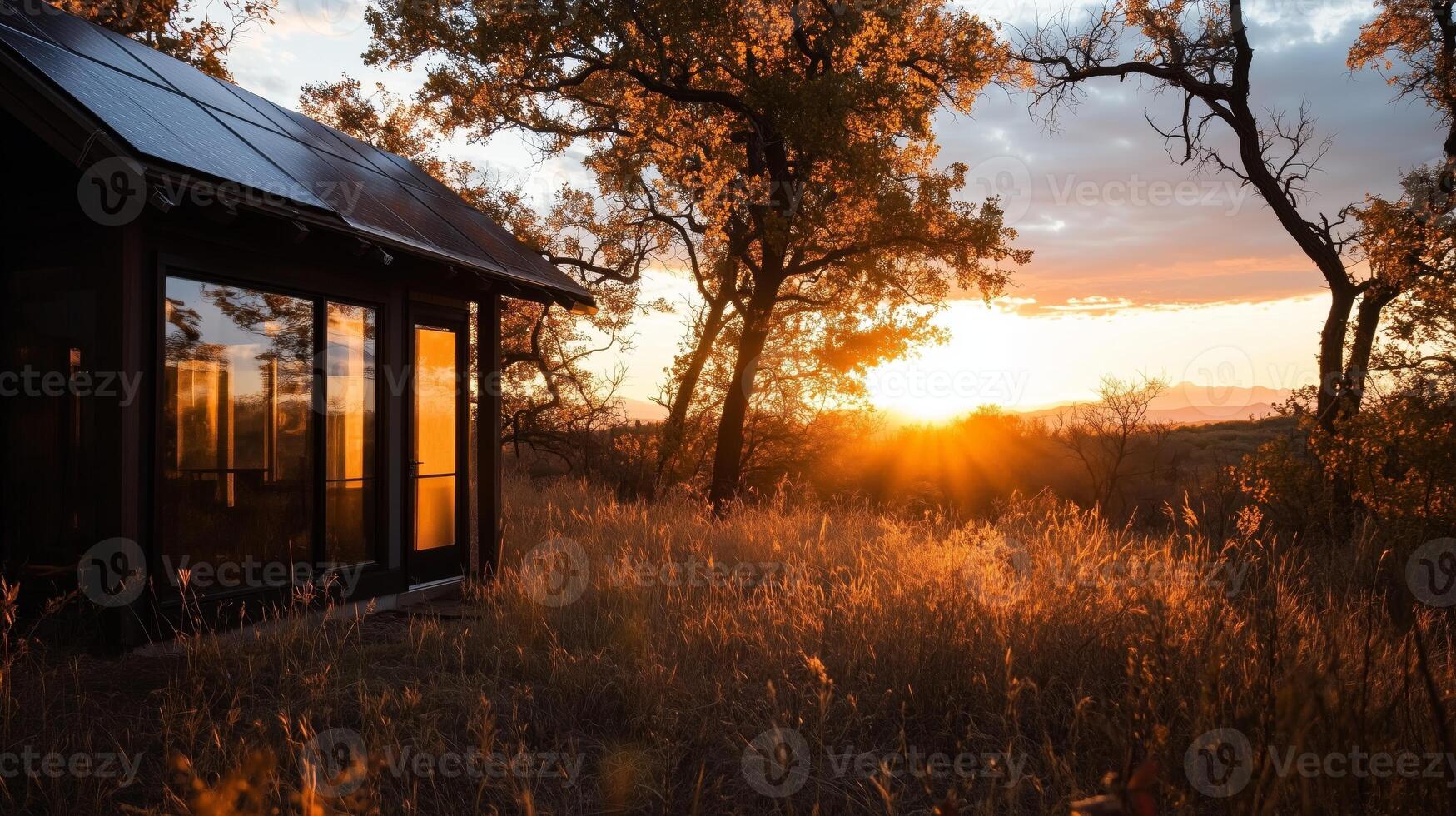 A cabin in the woods with the sun setting behind it photo