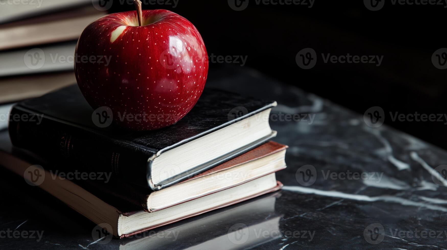 A crimson apple perched atop a pile of books photo