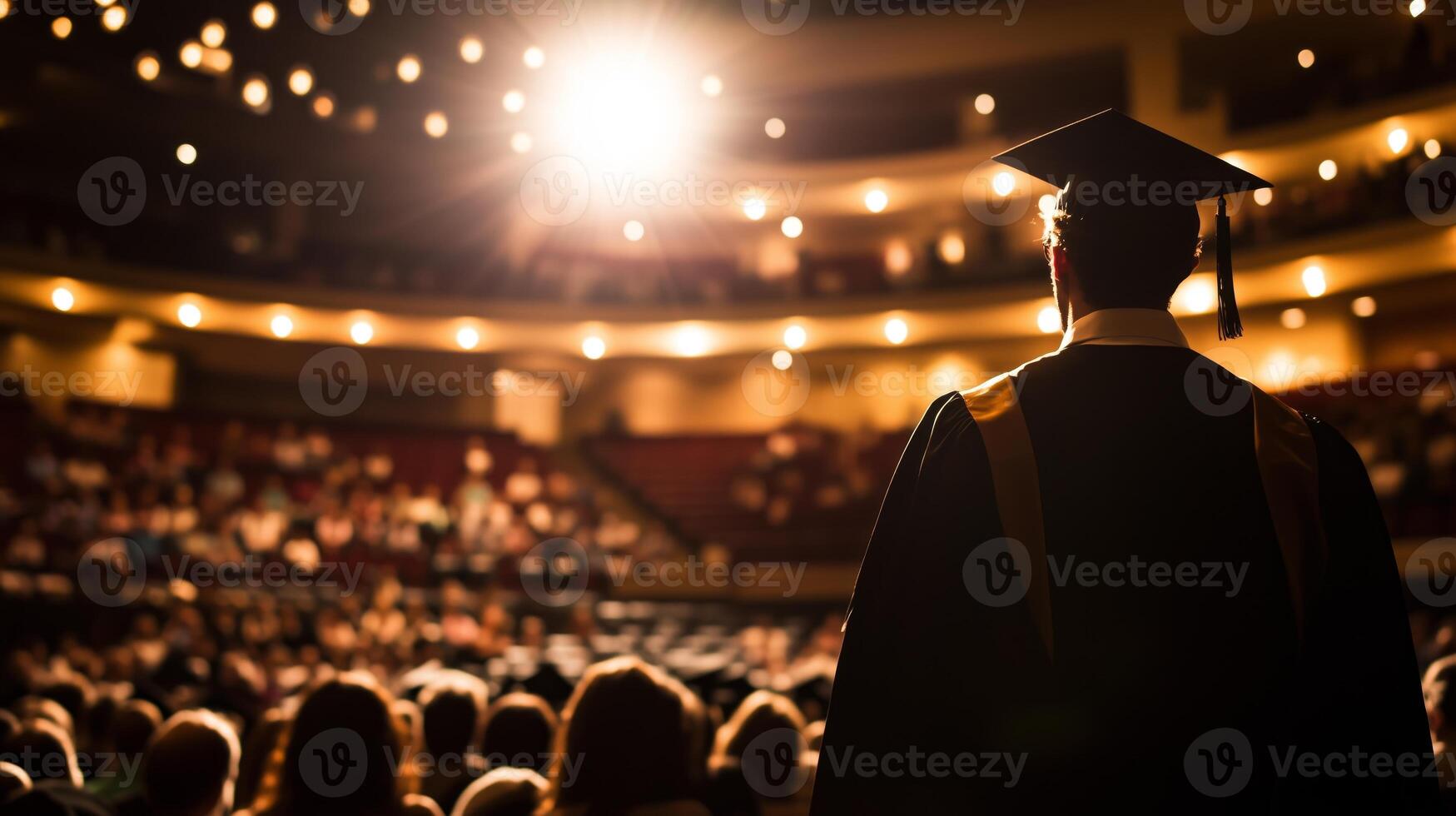 A graduate is standing in front of a crowd photo