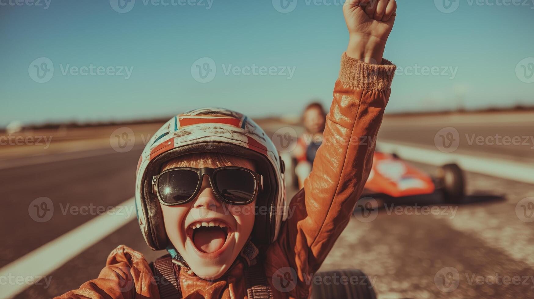 A young boy in a helmet and sunglasses is driving a race car photo