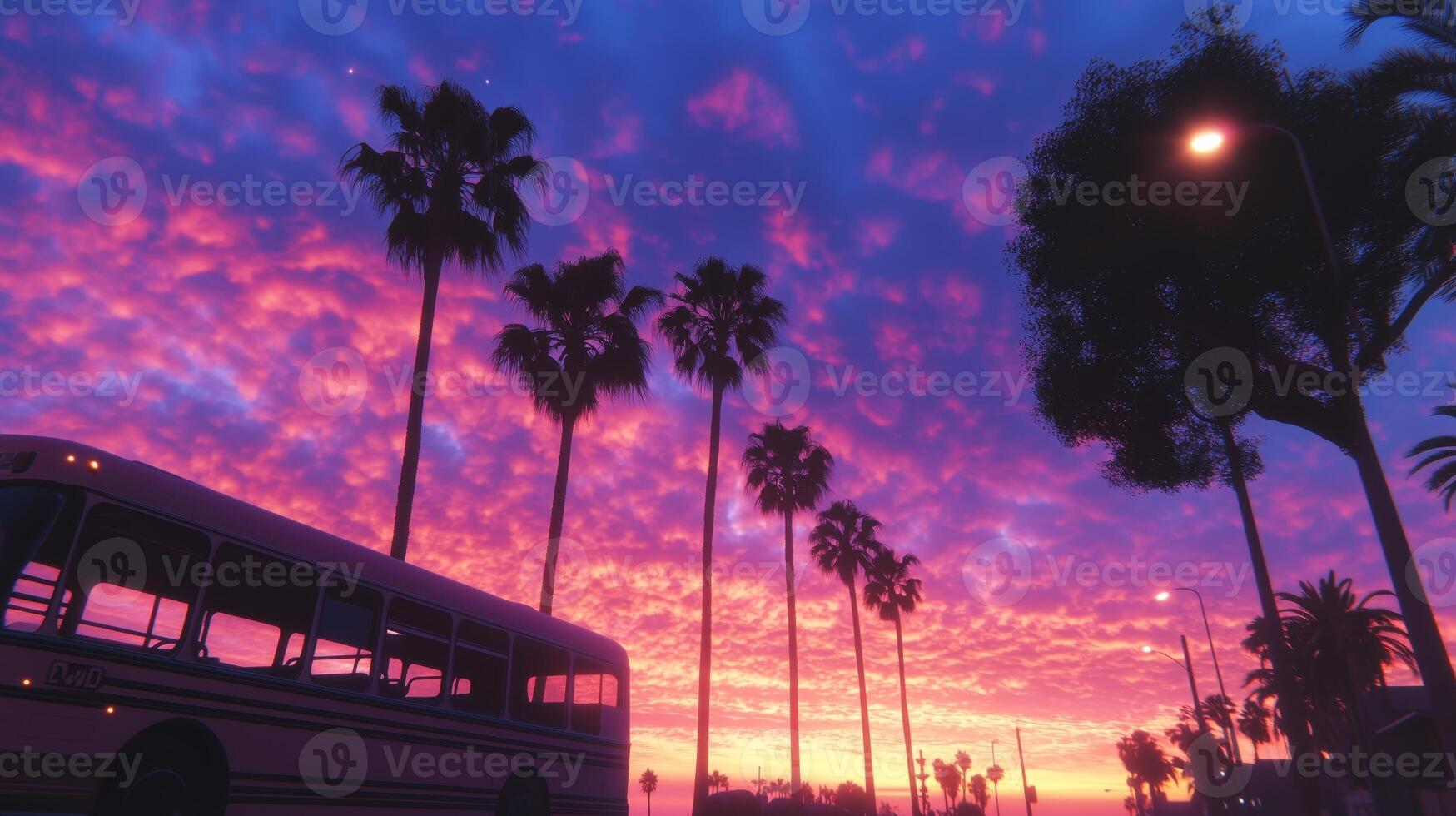 A bus is parked in front of a purple sky photo