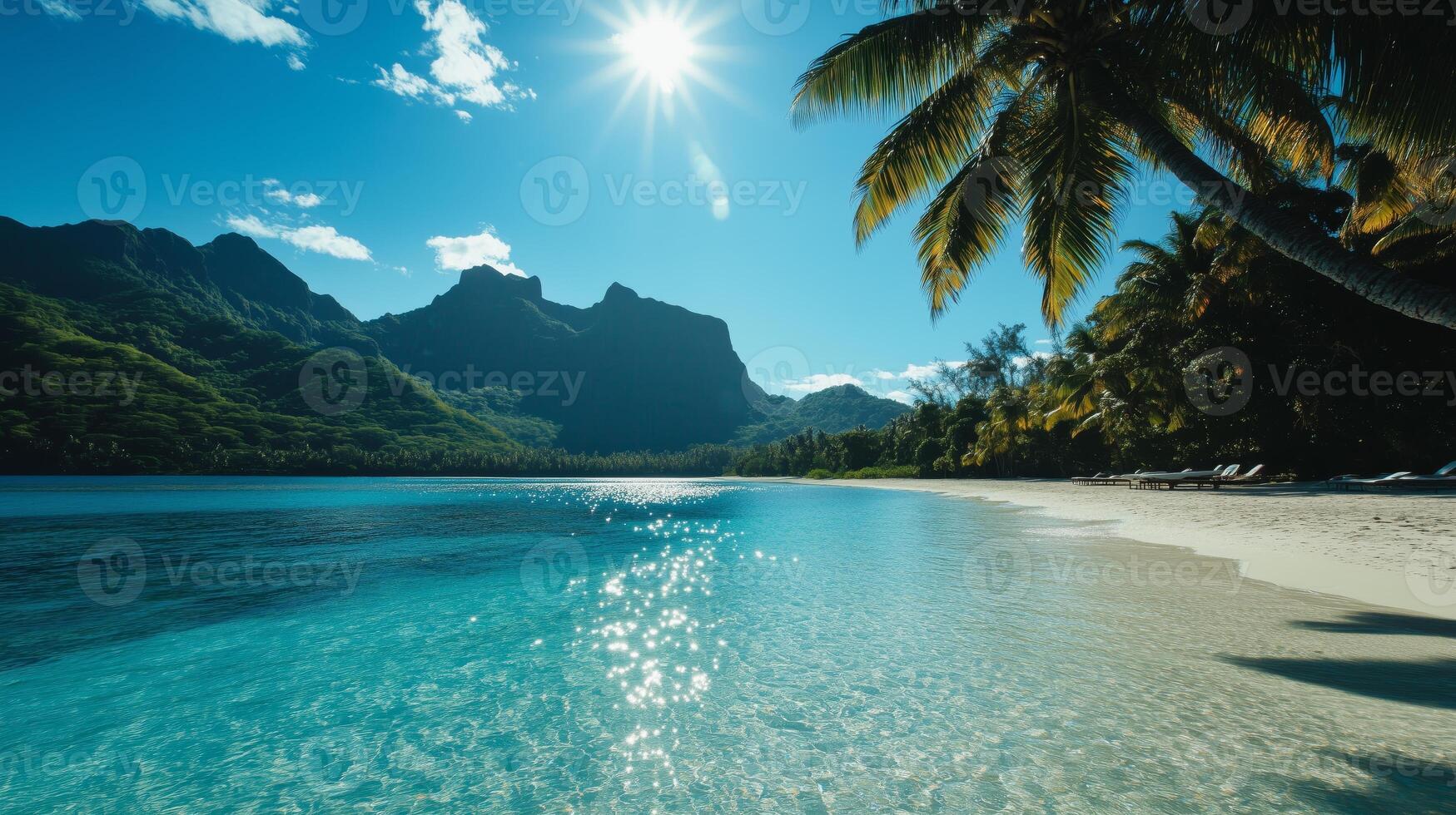 A beach with palm trees and a blue ocean photo