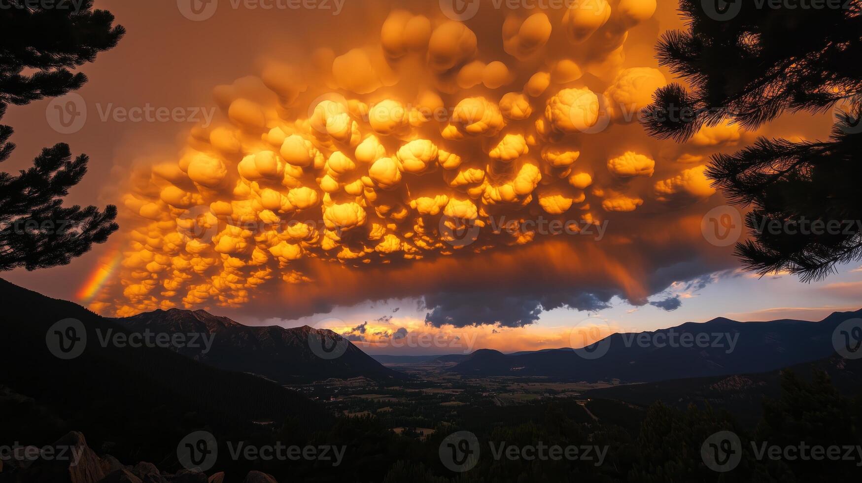 A rainbow is seen over a mountain range photo