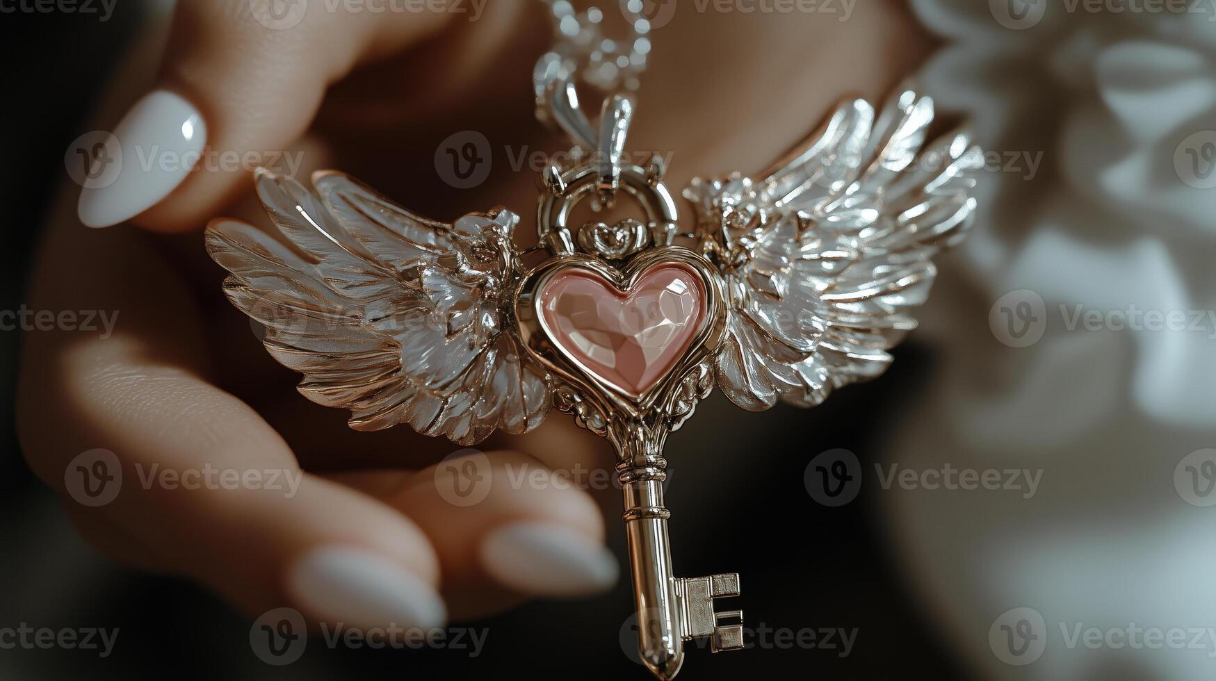 A woman holding a heart shaped key with wings photo