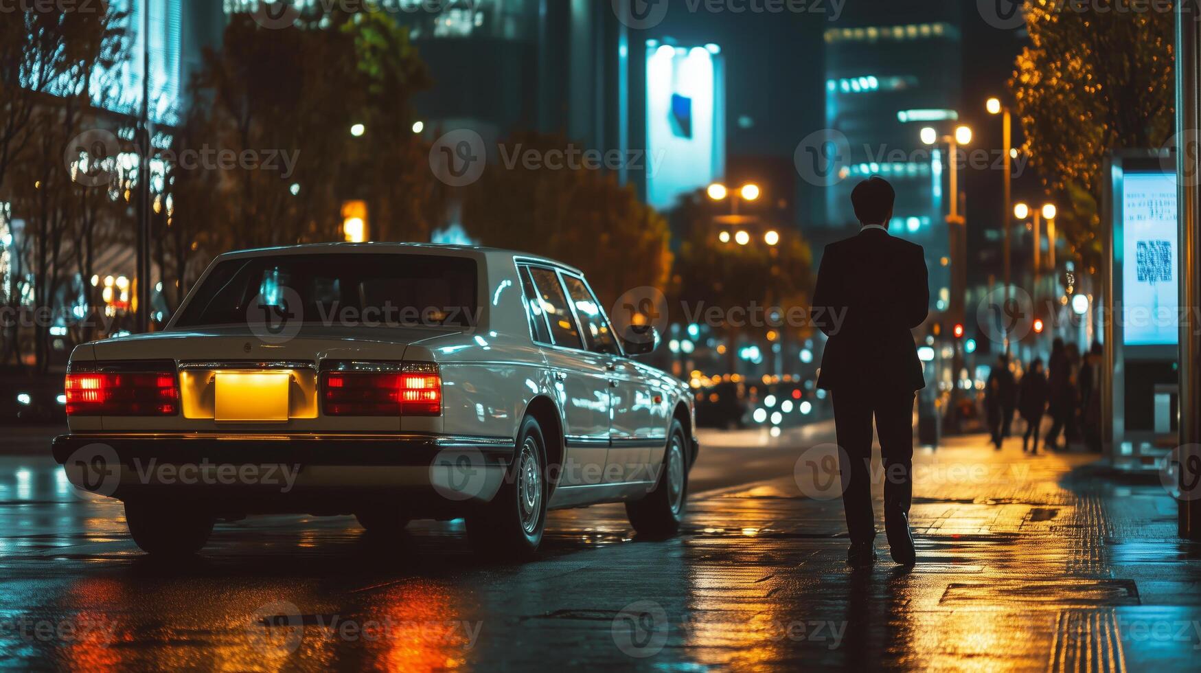 A man standing in front of a car at night photo
