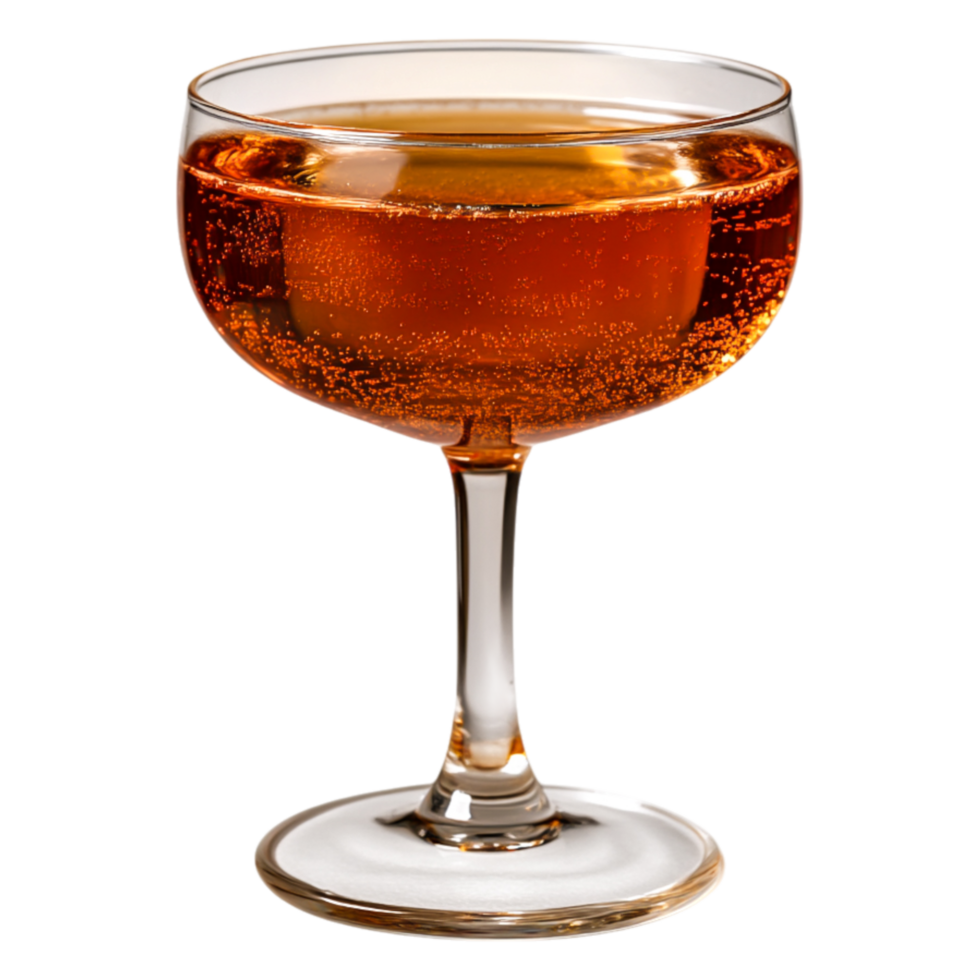 Elegant cocktail glass filled with sparkling amber beverage on png