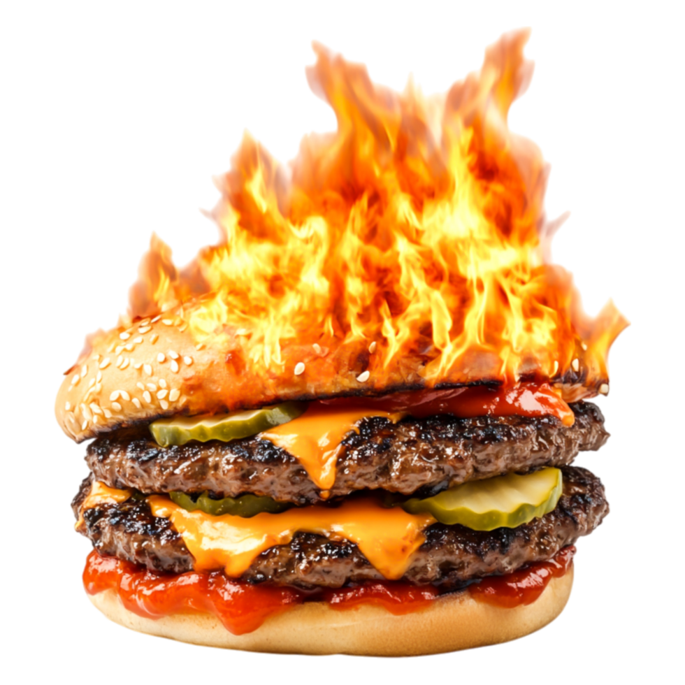Flaming Burger with Melting Cheese, Pickles, and Sauce on Bun png
