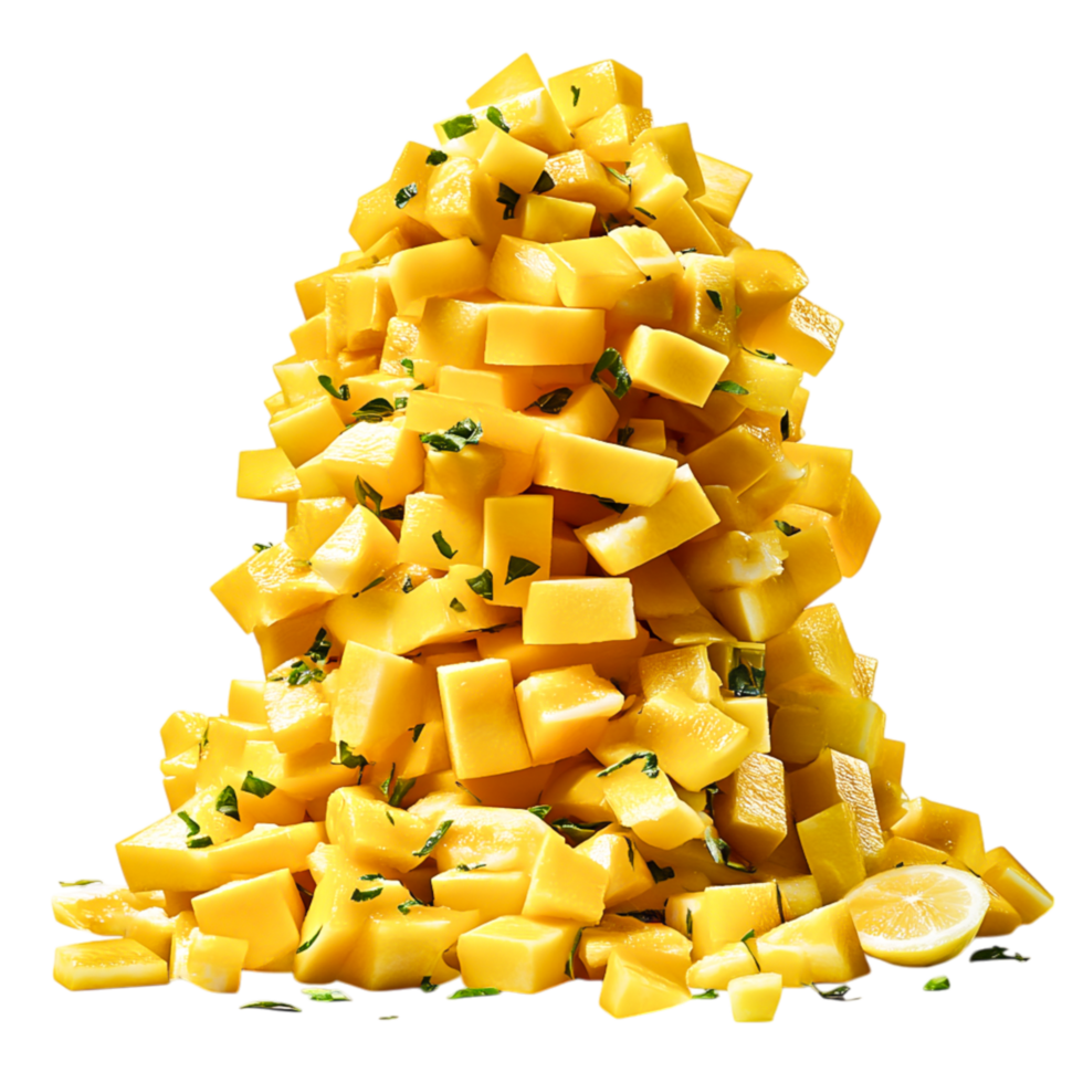 Fresh Chopped Mango Pile with Lemnd Green Herbs on Isolated Background png