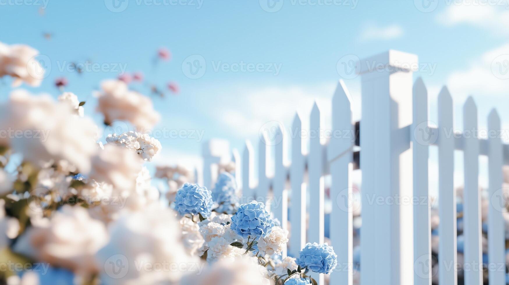 A white picket fence with blue flowers in front of it photo
